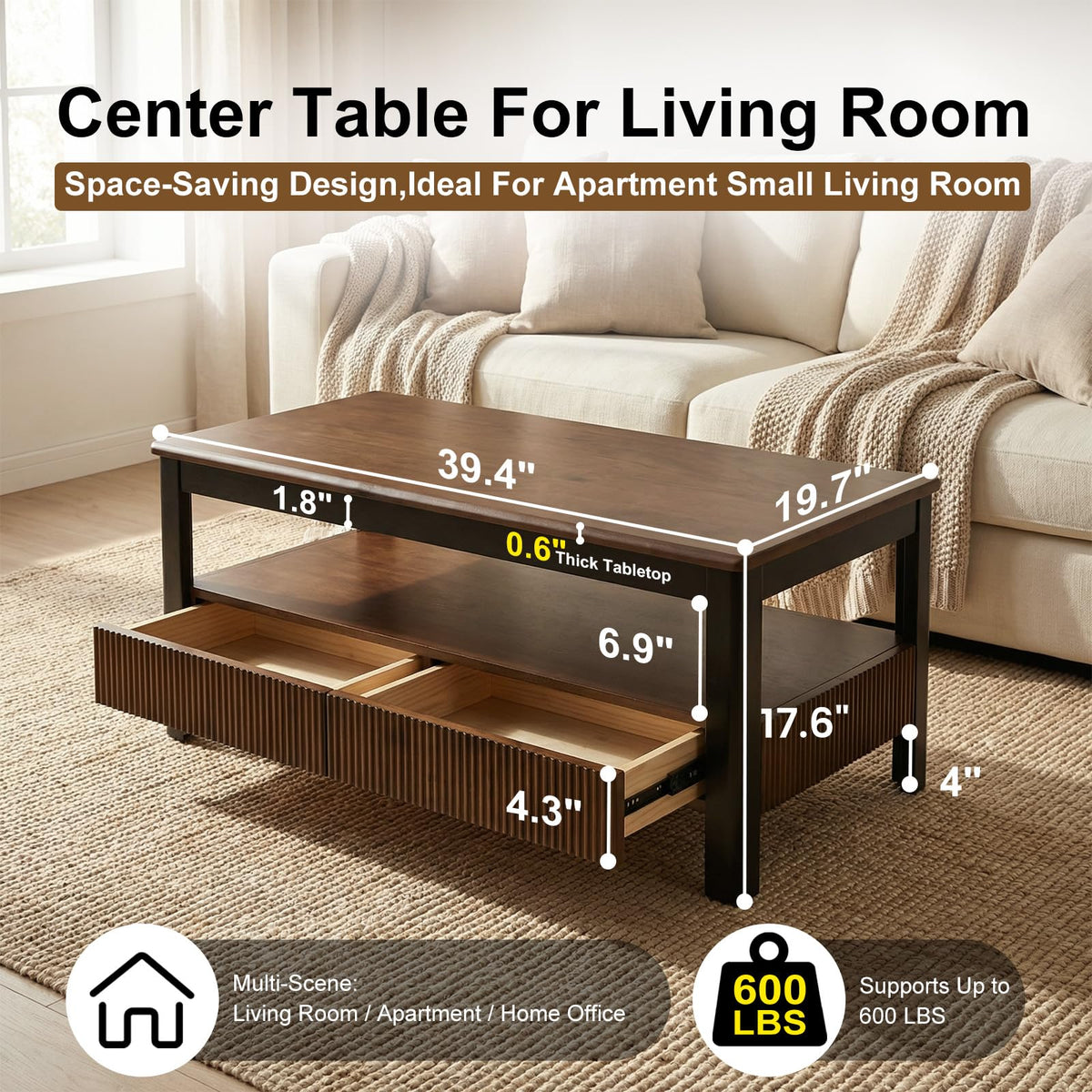 39.4" Walnut Solid Wood Fluted Coffee Table with 2 Drawers R6395
