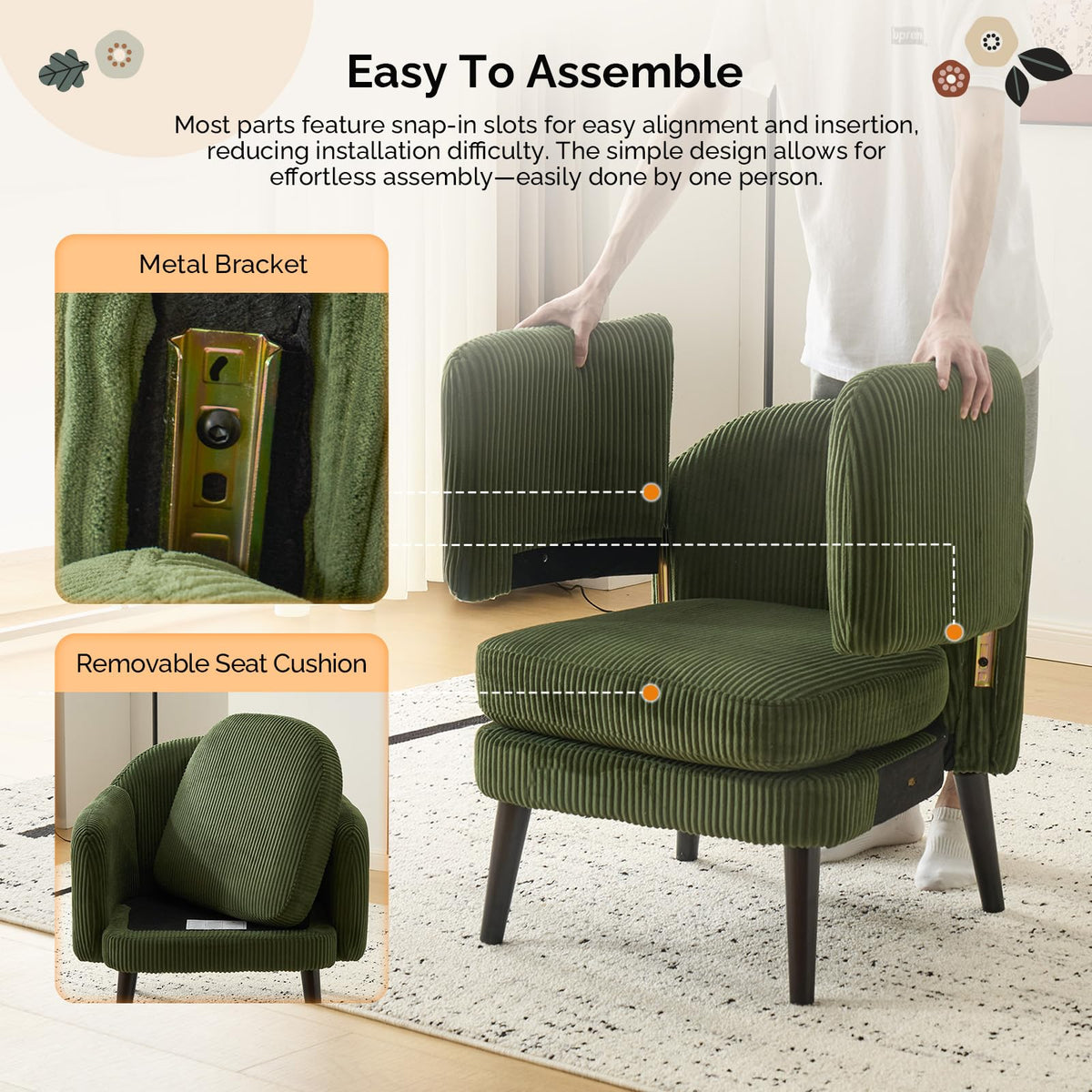 Green Corduroy Accent Armchairs Set of 2 I5095