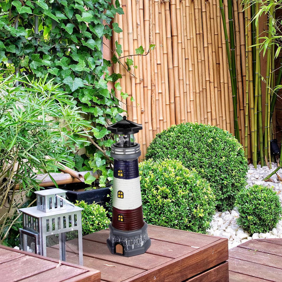 Solar Lighthouse Statue, Resin Waterproof, Black, 4.72 X 4.72 X 14.76 Inches M86319