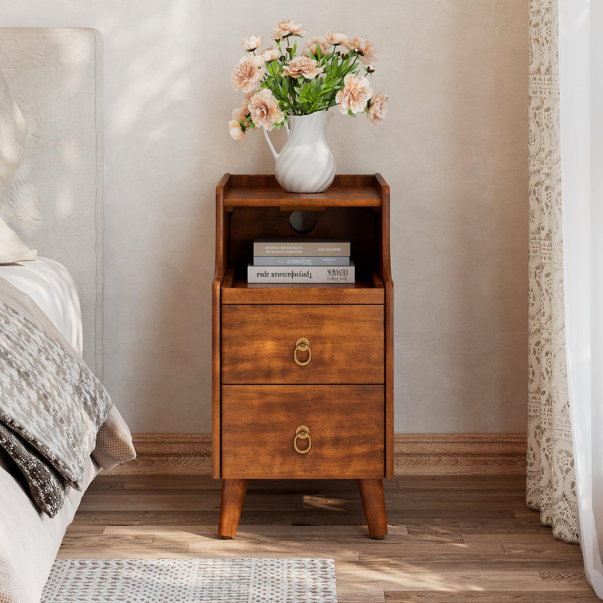 Solid Wood Narrow Nightstand with 2 Drawers K53447