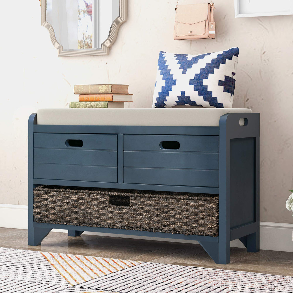 Navy Storage Bench with Drawers and Basket H69582