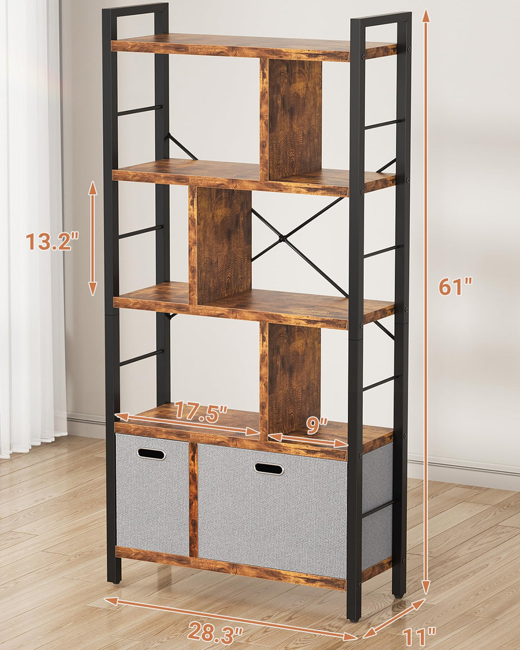 5 Tier Rustic Brown Bookshelf with Drawers I99162