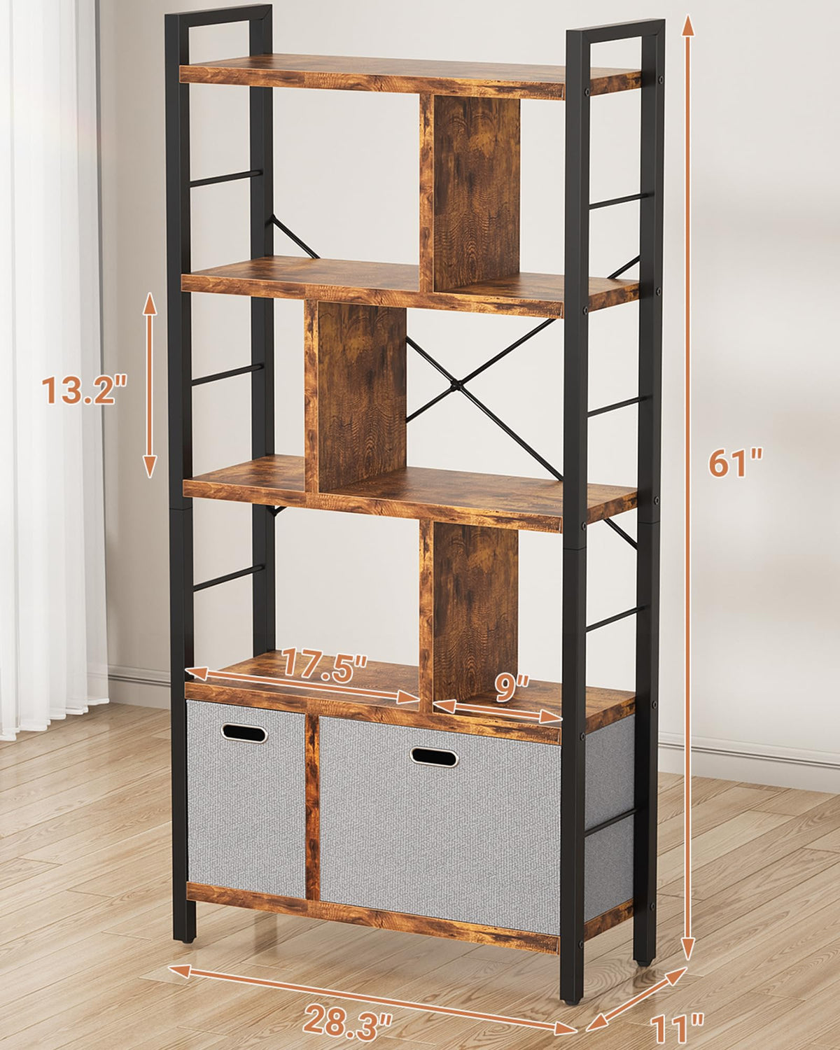 5 Tier Rustic Brown Bookshelf with Drawers I99162