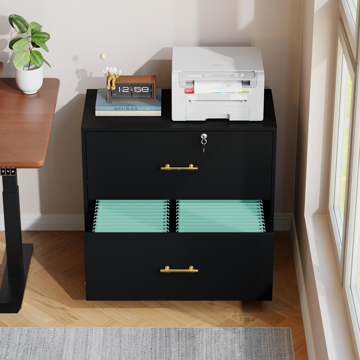 Black 2 Drawer Lateral File Cabinet with Lock R3425