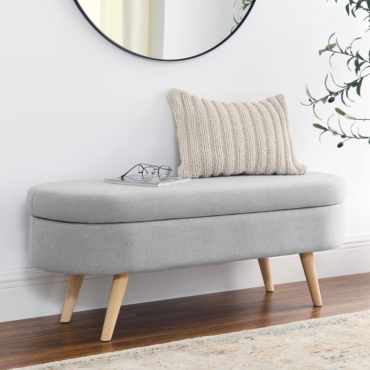 Grey Linen Oval Storage Ottoman Bench Q59067