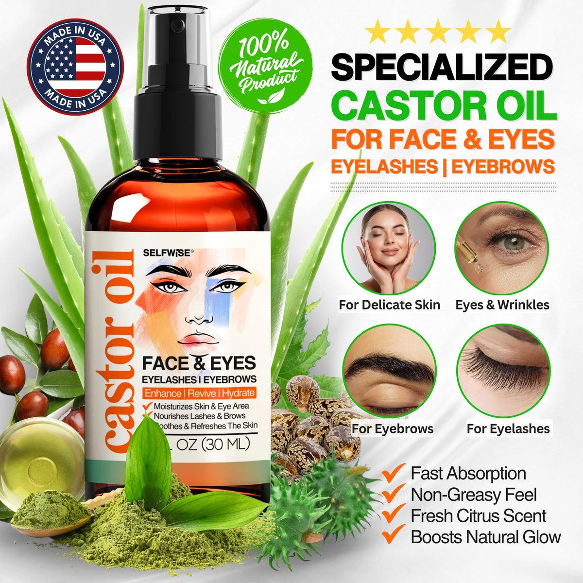 Organic Castor Oil with Jojoba Rosehip Grapeseed Squalane Vitamin E 1oz Z574