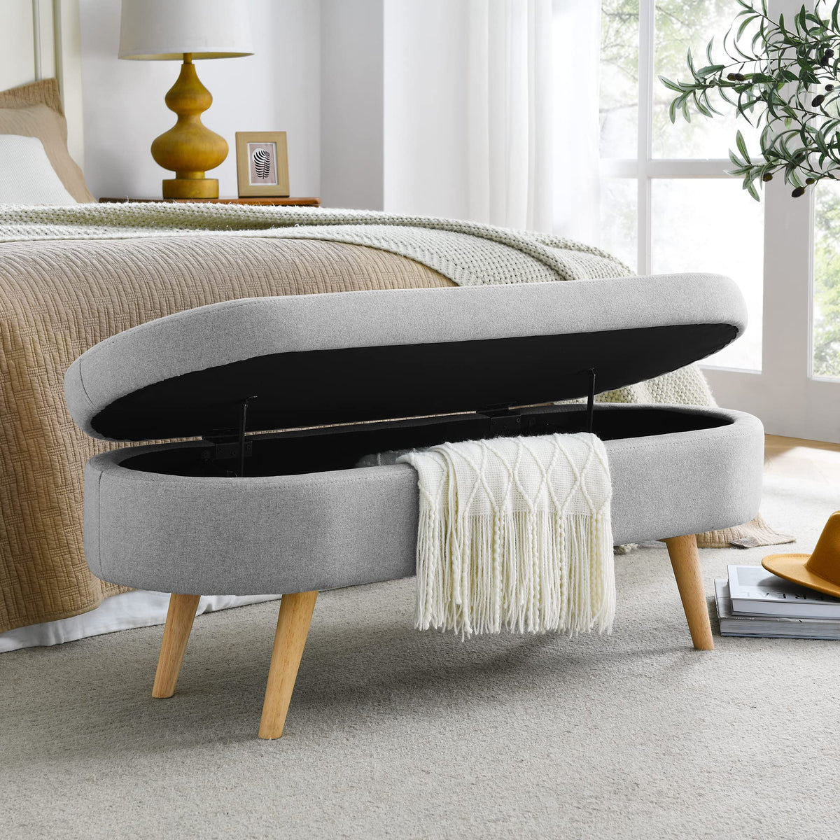 Grey Linen Oval Storage Ottoman Bench Q59067