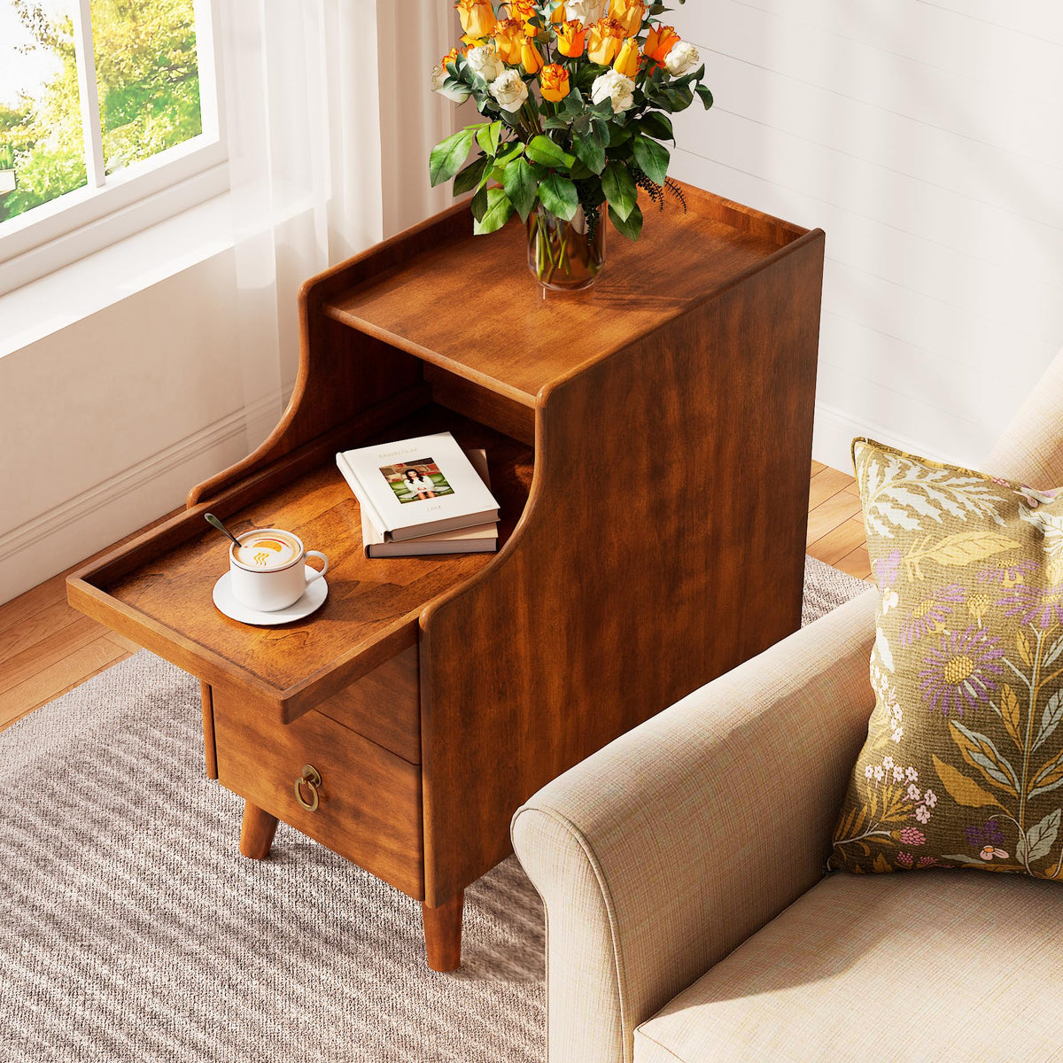 Solid Wood Narrow Nightstand with 2 Drawers K53447