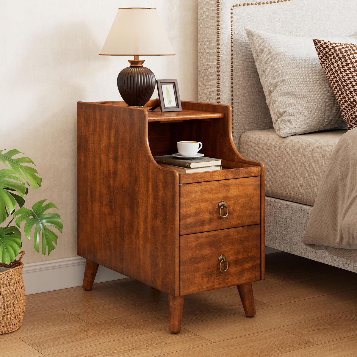 Solid Wood Narrow Nightstand with 2 Drawers K53447