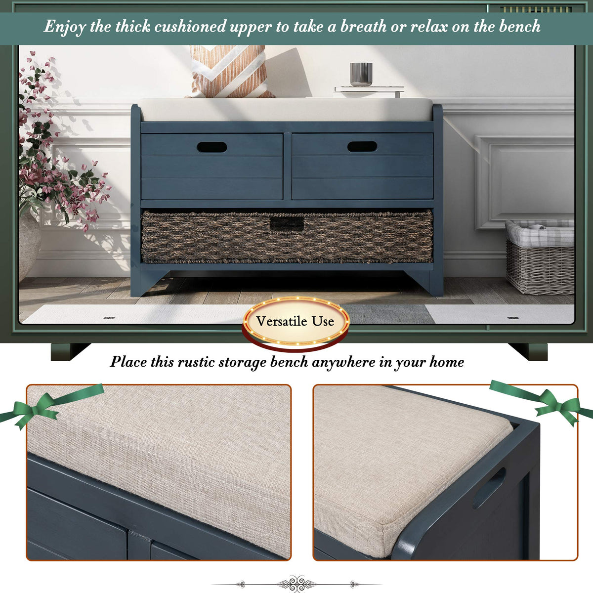 Navy Storage Bench with Drawers and Basket H69582