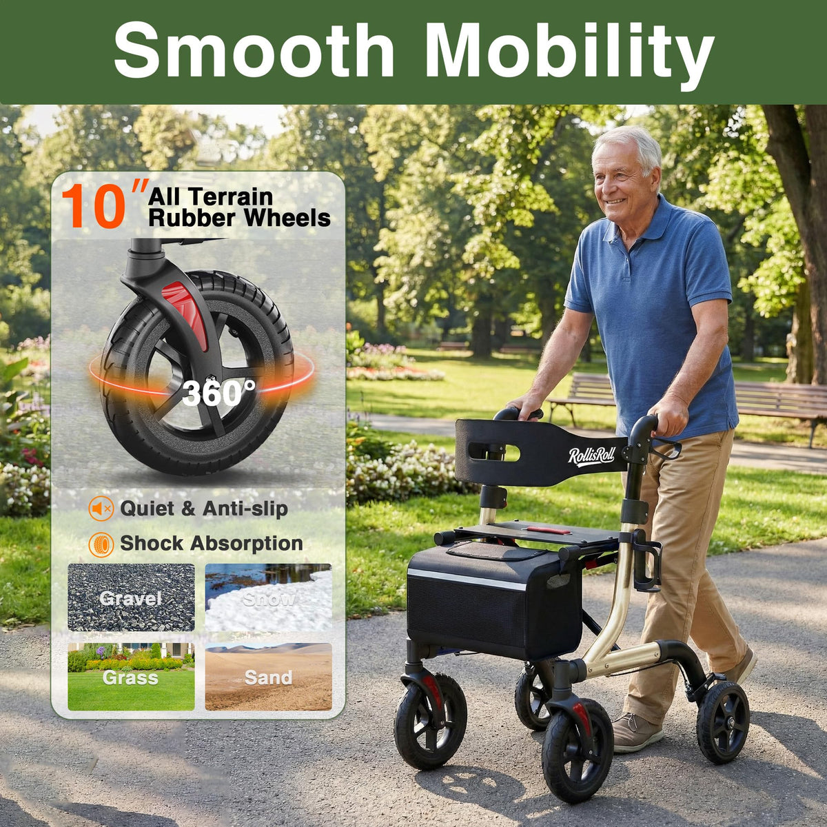 Foldable Aluminum Rollator Walker with Seat and 10" Wheels U2334