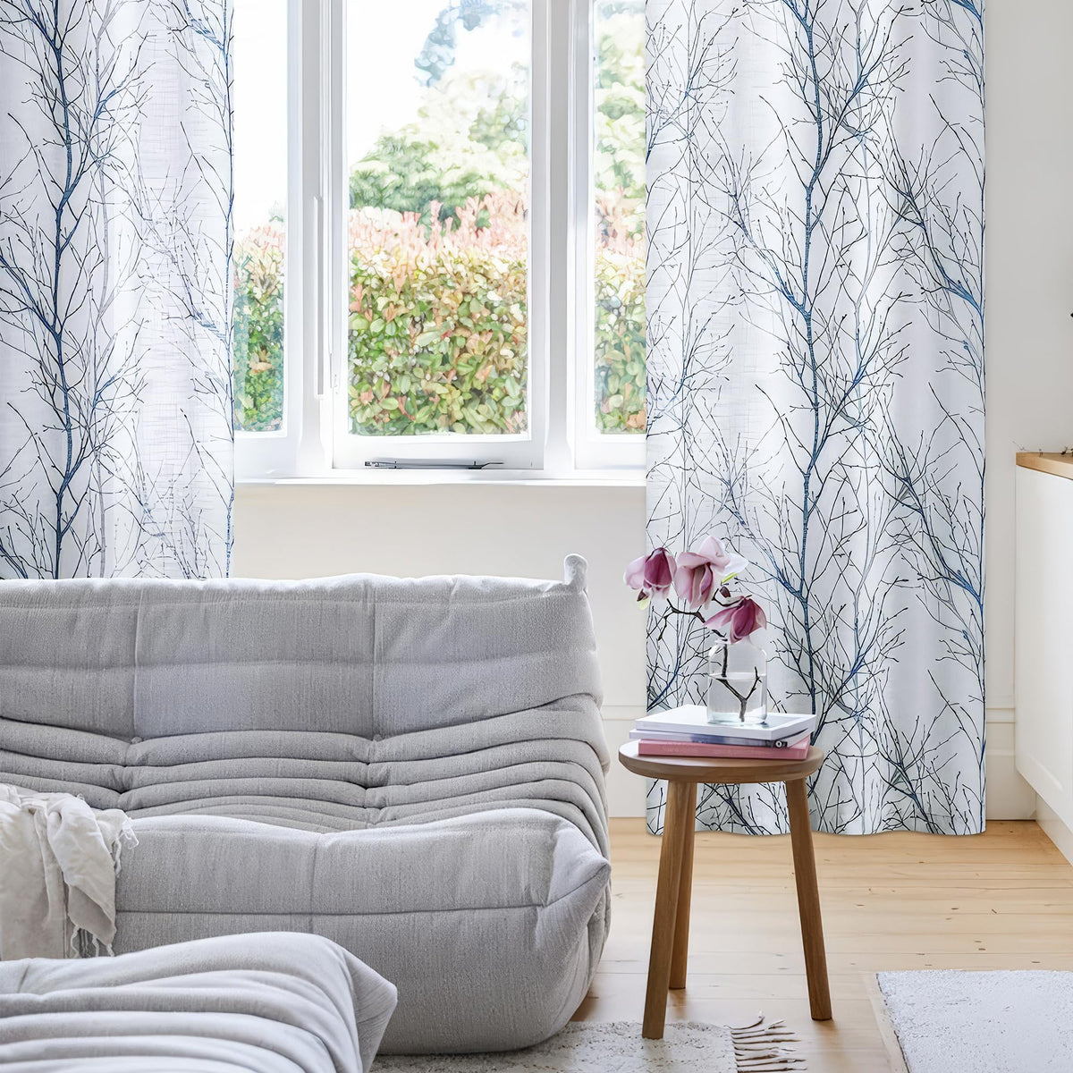 Linen Blue White Semi Sheer Curtains 84 Inch 1 Panel G871