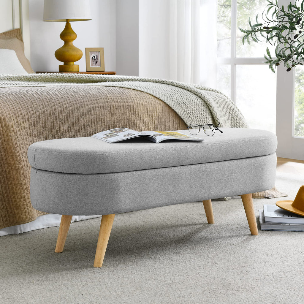 Grey Linen Oval Storage Ottoman Bench Q59067