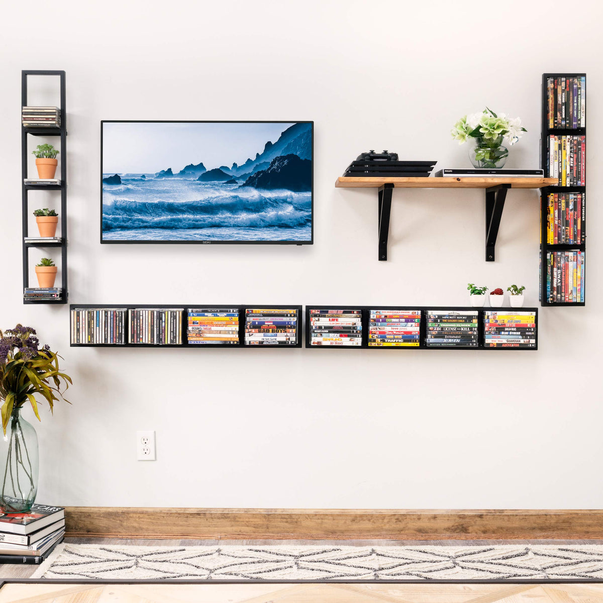 34 Inch Media Storage Rack Organizer Metal Floating Shelf Set of 2 Black R987
