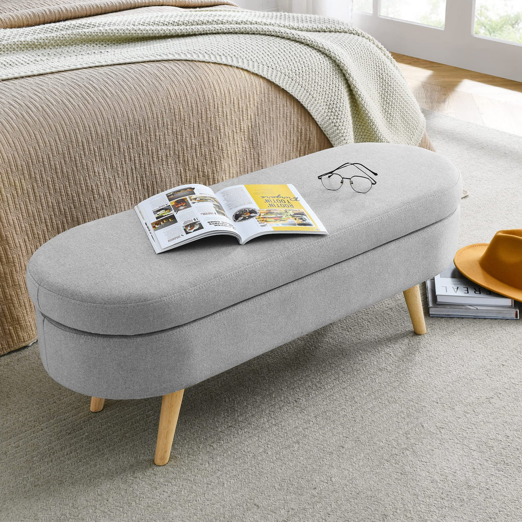 Grey Linen Oval Storage Ottoman Bench Q59067