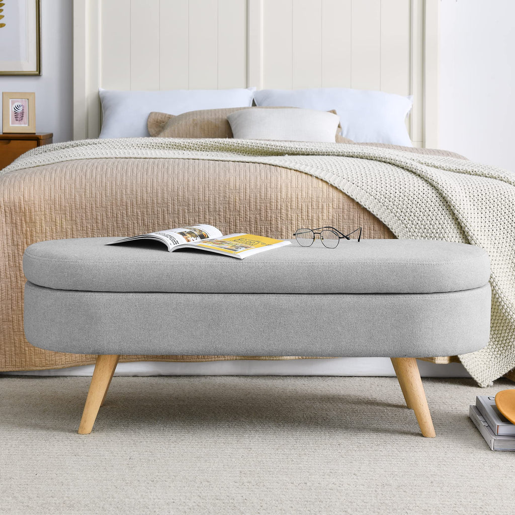Grey Linen Oval Storage Ottoman Bench Q59067